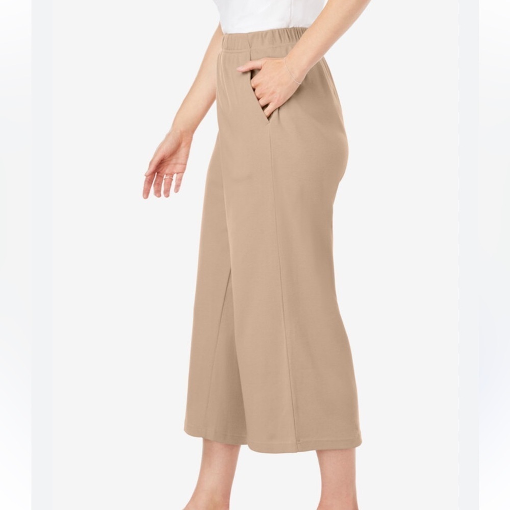 Mine Wide Leg Crop Ankle Pants Trousers Pocketed Elastic Waist Tan Beige Size L
